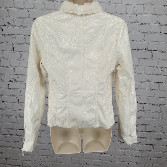 BKE Ivory Animal Print Soft Faux Fur Lined Snap Front Moto Jacket Size Small S - Picture 2 of 16